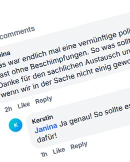fingierte Kommentare auf Facebook in einem Auszug. Der zu erkennende Textausschnitt bedankt sich für die rücksichtsvolle Diskussion, auch wenn sie sich in der Sache nicht einigen konnten.