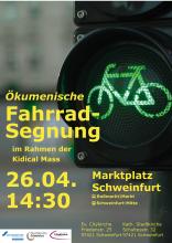 eine Fahrrad-Ampel zeigt grün. Text: Ökumenische Fahrradsegnung 26.04. 14:30, Marktplatz Schweinfurt